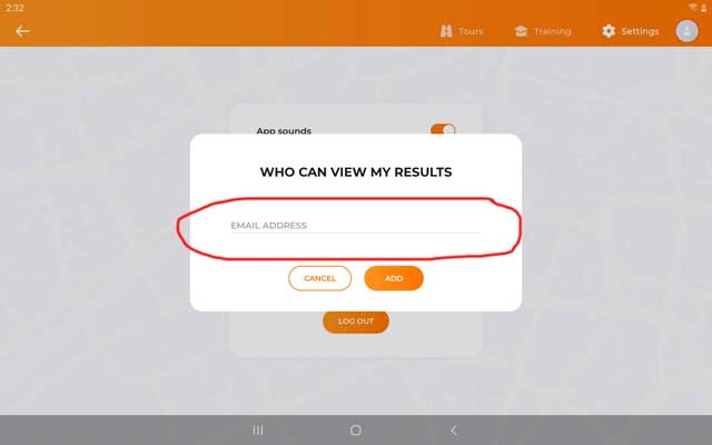 Entering email address of who can view your results (Drive Focus Android)